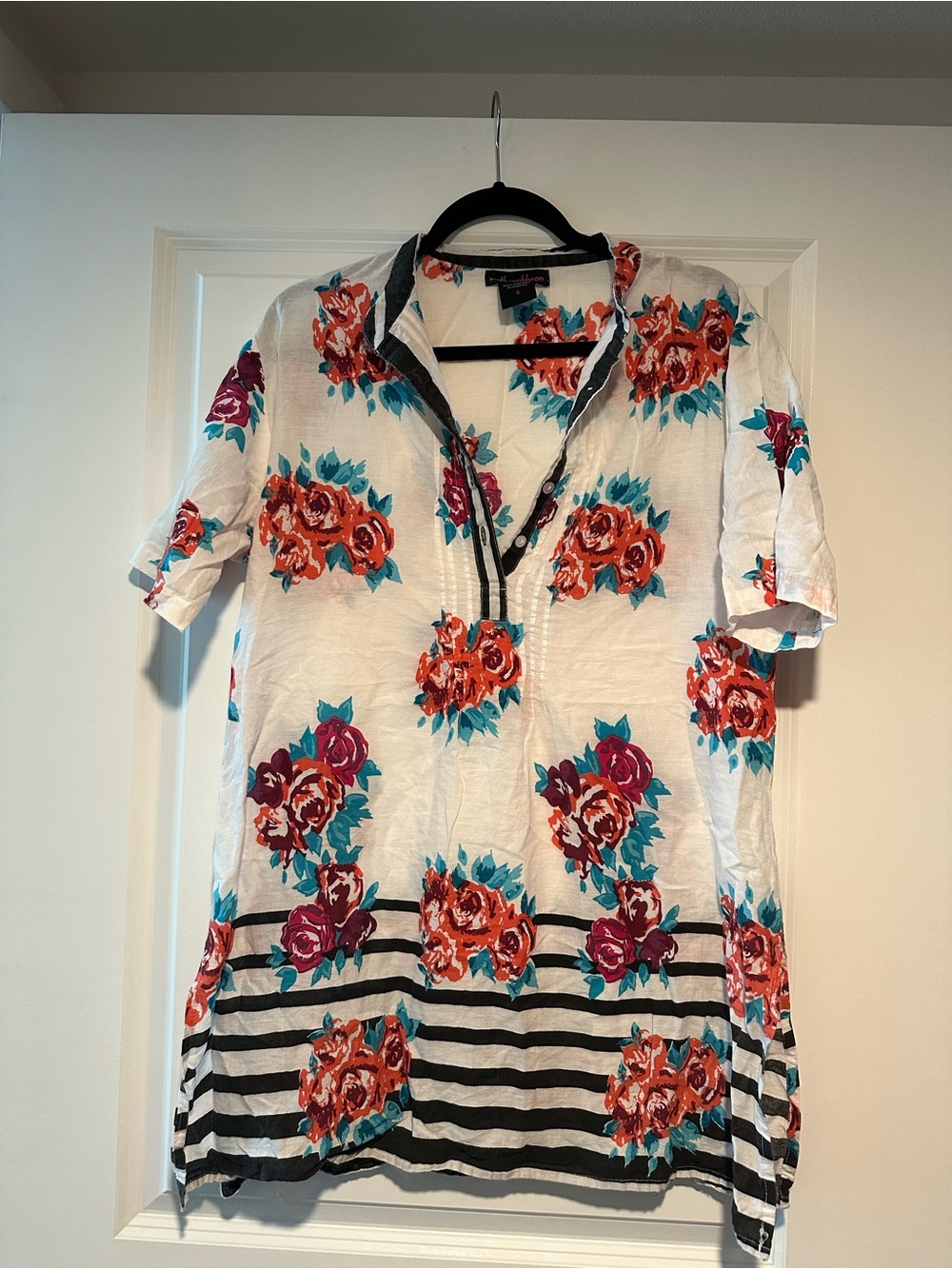 Floral V-Neck Tunic Blouse - White with Red & Teal Floral Print